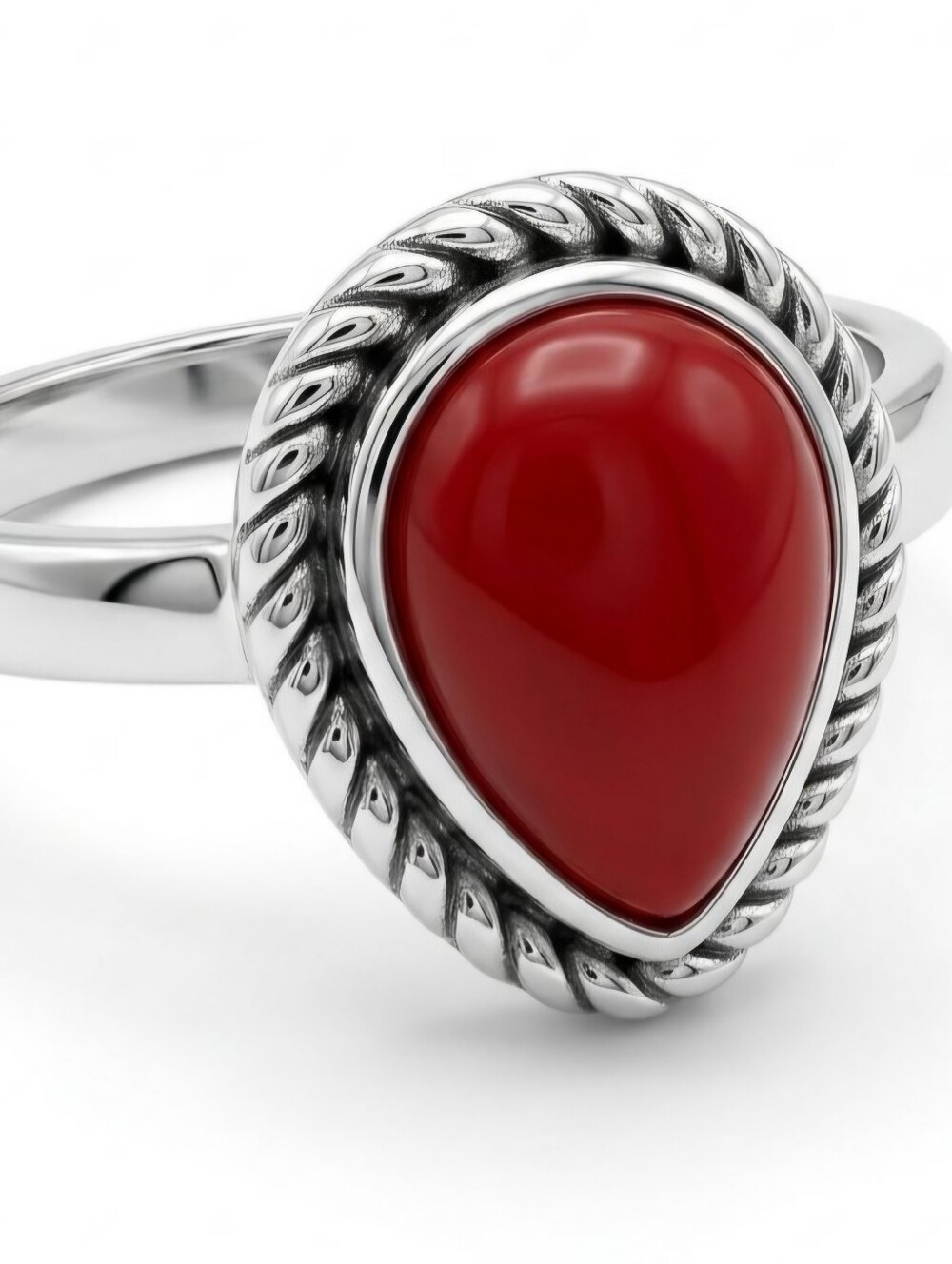 CARNELIAN RED BRAIDED BEZEL NEW SIZE 5 PEAR SHAPED QUALITY TITANIUM RING